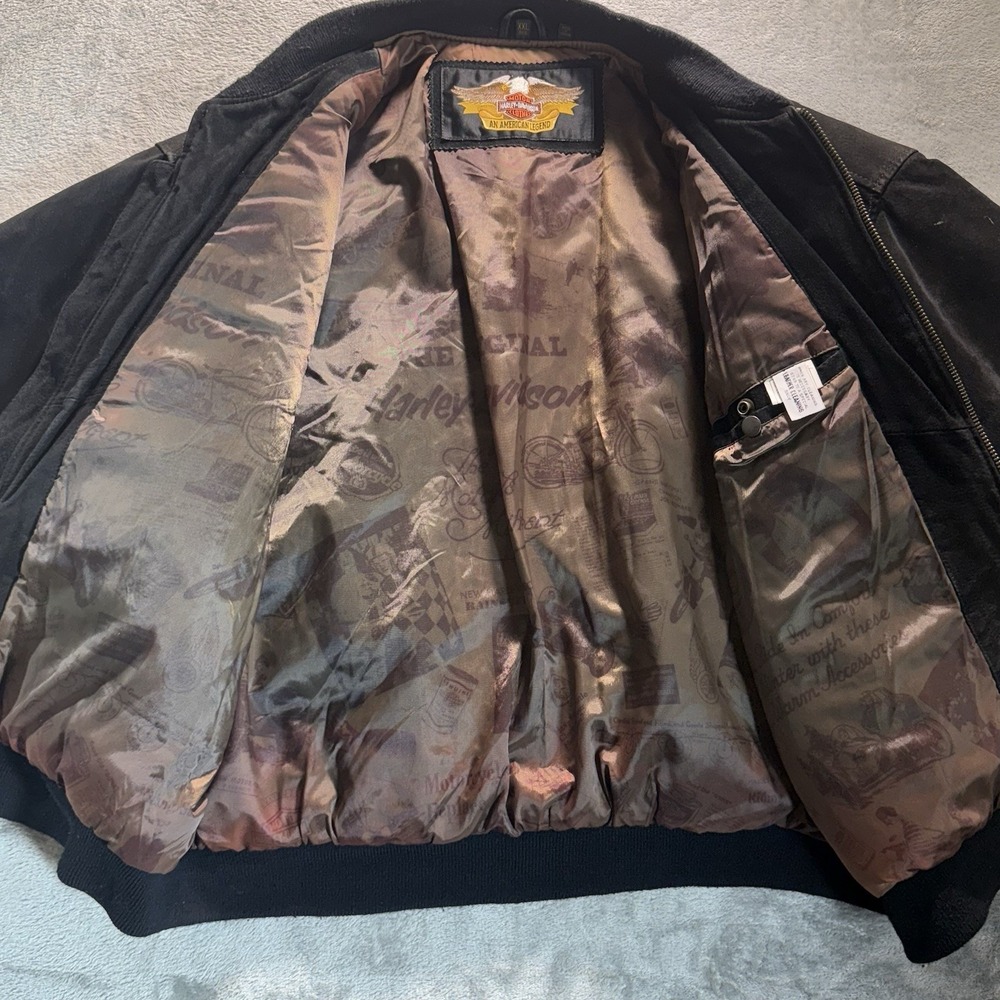Harley-Davidson Suede Bomber Jacket V-Twin Power Patch Black XXL Vintage - Picture 12 of 16